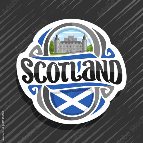 Vector logo for Scotland, fridge magnet with scottish saltire flag, original brush typeface for word scotland and national scottish symbol - Inveraray Castle in Argyll on blue cloudy sky background. photo