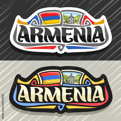 Vector logo for Armenia country, fridge magnet with armenian state flag, original brush typeface for word armenia, national armenian symbol - bell tower in Haghpat Monastery on cloudy sky background.