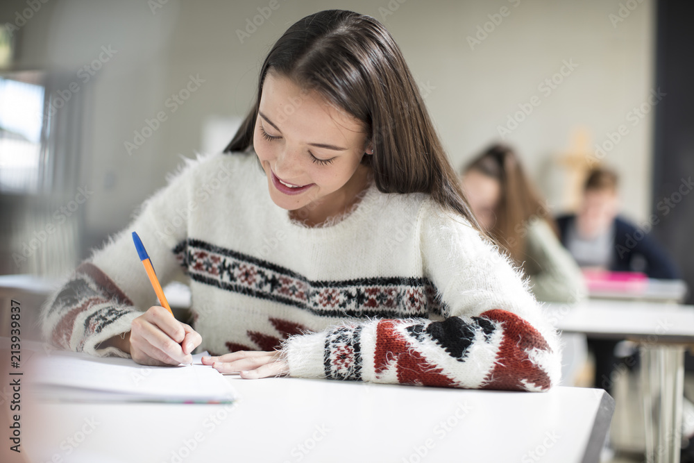 Writing Girl In Class Smiling teenage girl writing in exercise book in class Stock Photo ...