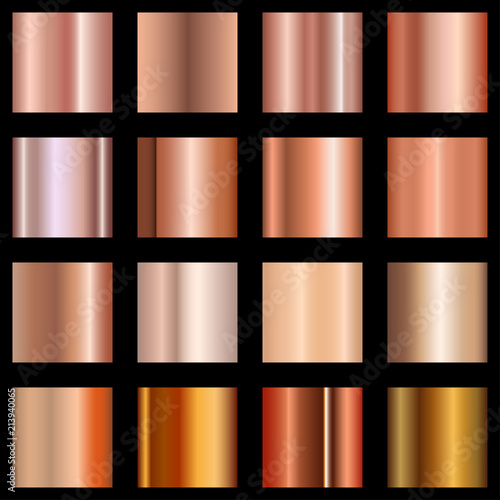 Copper gradients set. Collection of metallic gradient for background, cover, frame, ribbon, banner, coin, label, flyer, card, poster etc. Vector.