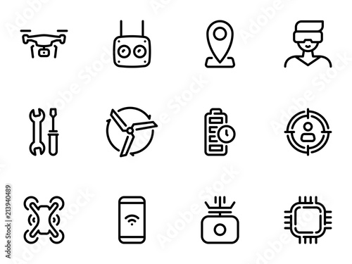 Set of black vector icons, isolated on white background, on theme Drone, for entertainment and competitions