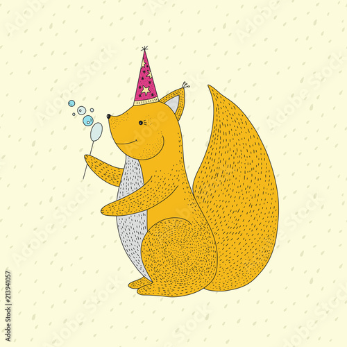 Birthday vector illustration with cartoon cute squirrel and bubble blower.