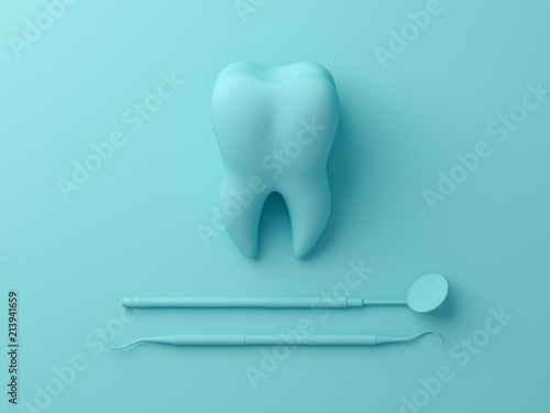 Fototapeta Naklejka Na Ścianę i Meble -  Teeth with dental plaque tool. Concept Dental care cleaning bacterial plaque on pastel background. Minimal flat lay concept. 3d render