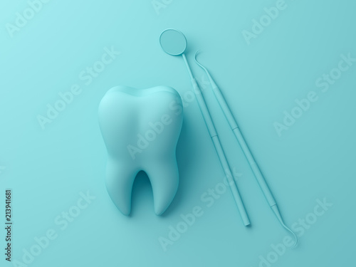 Teeth with dental plaque tool. Concept Dental care cleaning bacterial plaque on pastel background. Minimal flat lay concept. 3d render