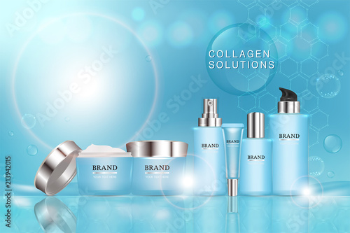 Beauty product, blue cosmetic containers with advertising background ready to use, luxury skin care ad, illustration vector.