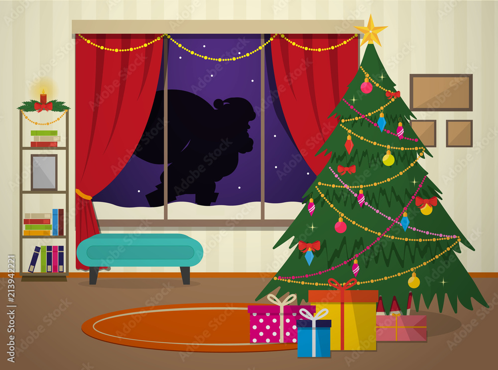 New year cozy living room. Christmas interior. In the room there is a decorated Christmas tree, gifts on the carpet, snow falls outside the window and santa claus sneaks. Vector illustration