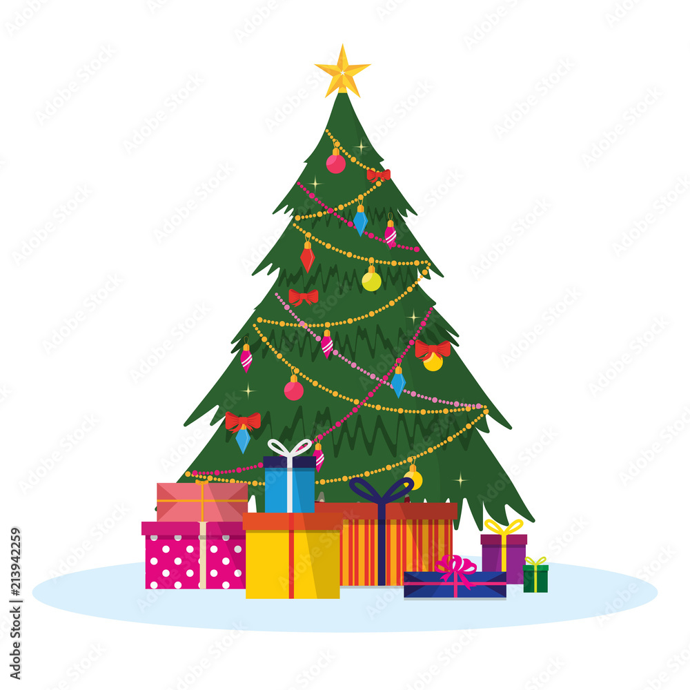 Isolated vector Christmas illustration. Decorated Christmas tree with gifts, present on white background. Use for card,  flyer,  posters. Happy New Year and Merry Christmas greeting