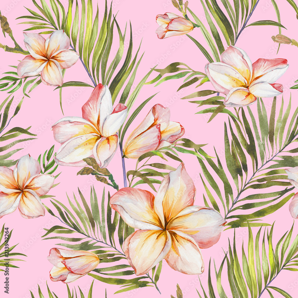 Exotic plumeria flowers and green palm leaves in seamless tropical pattern. Light pink background, pastel shades. Watercolor painting. Hand painted floral illustration.