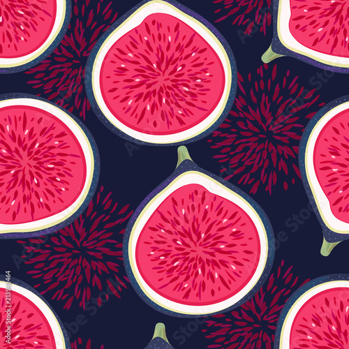 Seamless pattern with halves figs. Healthy dessert. Fruity repeating background. Hand drawn fruits. Exotic food. Wrapping, print on clothes, wallpaper, summer banner. Vector illustration, eps10