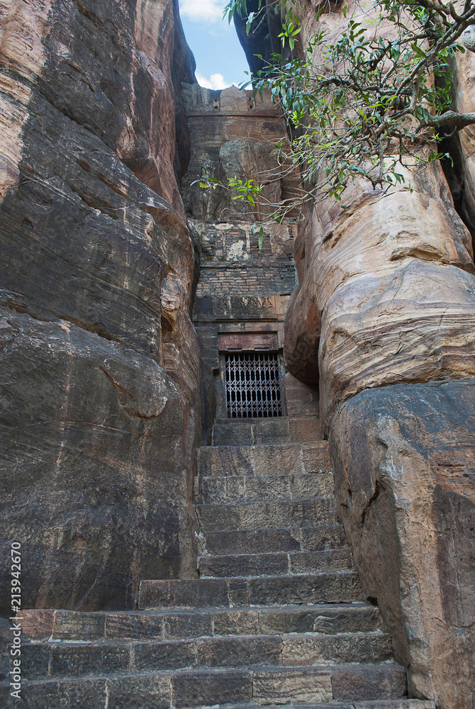 Naklejka premium Unknown temple between Cave 2 and Cave 3, Badami Caves, Karnataka.