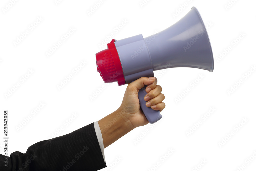 Hand holding megaphone isolated with clipping path. Hand holding megaphone isolated with clipping path.