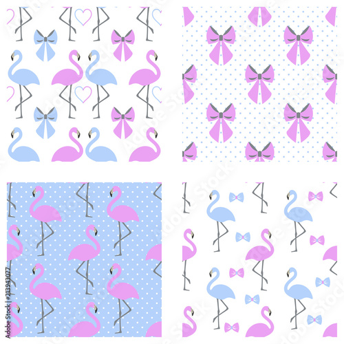 Flamingo seamless pattern. Vector illustration. Set.