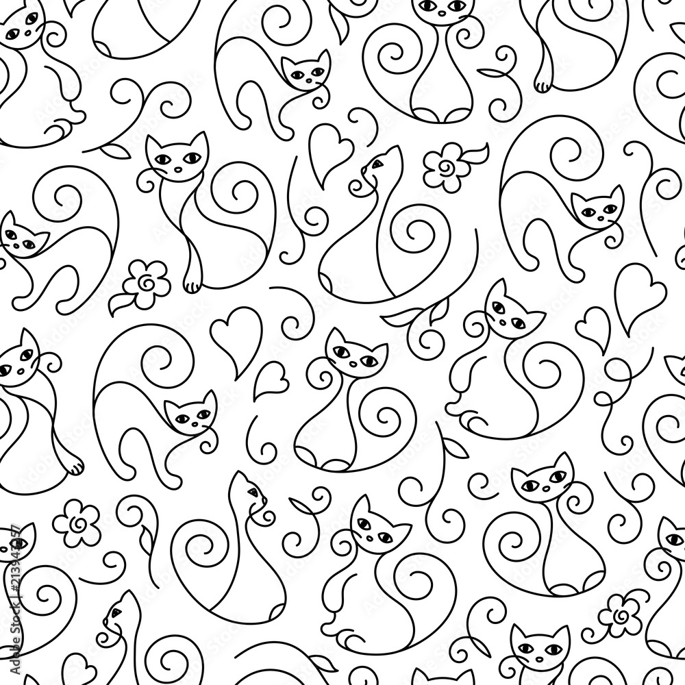 Seamless pattern of cute cartoon cats curls lines. Flower, leaf, branch, heart. Vector illustration. Seamless pattern of cute cartoon cats curls lines. Flower, leaf, branch, heart. Vector illustration.