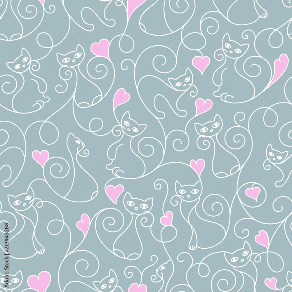 Fototapeta premium Seamless pattern of cute cartoon cats curls lines and heart. Vector illustration.
