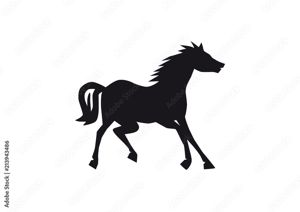 Black horse silhouette isolated on white background, happy animal starting to run, single funny creature