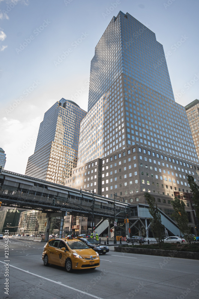 City buildings and building bridge in Lower Manhattan, New York City