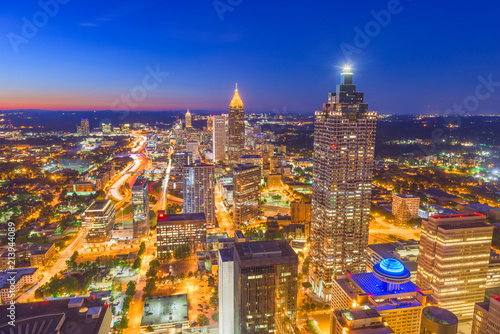 Atlanta, Georgia, USA downtown aerial skyline at night.