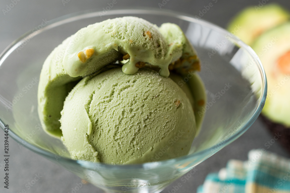 Avocado Ice Cream in Glass Cup with Hazelnut Powder Avocado Ice Cream in Glass Cup with Hazelnut Powder