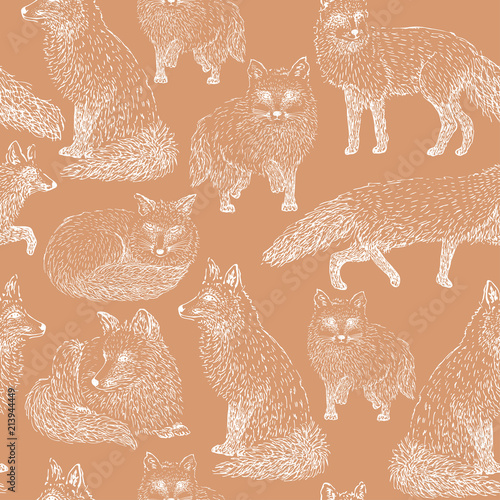 Fox seamless pattern sketch. Hand drawn vector illustration.