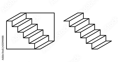 Schroeder stairs optical illusion. Drawing which may perceived as downwards leading staircase, from left to right. Or the same staircase, turned upside down. Perspective reversal. Illustration. Vector