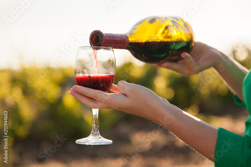 A glass of red wine in women's elegant hands.