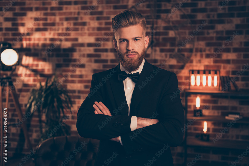 © deagreez - Barber shop barbershop employment concept. Portrait of thoughtful dreamy focused confident arrogant attractive strict wealthy rich masculine virile model boss chief standing with crossed arms blazer