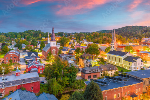 Montpelier, Vermont, USA town skyline at dusk in early autumn.