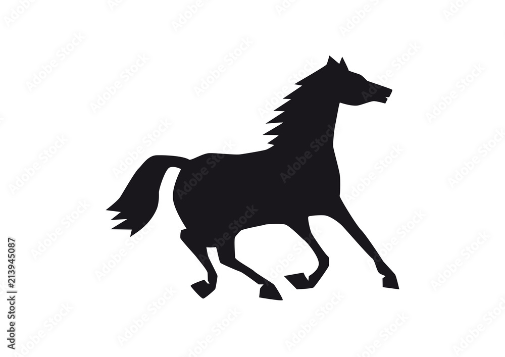 Black horse silhouette isolated on white background, happy animal trying to break after run, single funny creature