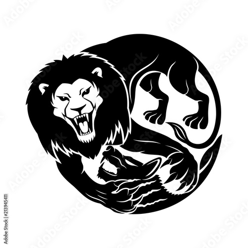 Fototapeta Naklejka Na Ścianę i Meble -  Lion fighting with a hyena on a white background.