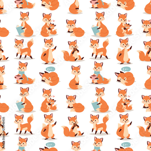 Fox character doing different activities funny happy nature red foxy cute adorable tail and wildlife orange forest animal seamless pattern background vector illustration.