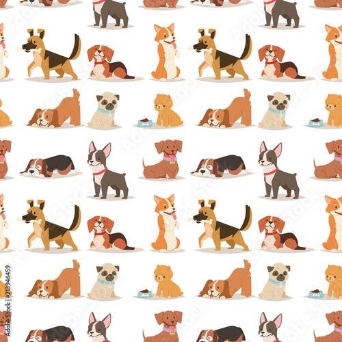 Puppy cute playing dogs characters funny purebred comic happy mammal doggy breed seamless pattern background vector illustration.