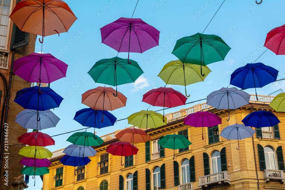 Salita Santa Caterina, Genoa, colored umbrellas over the street
