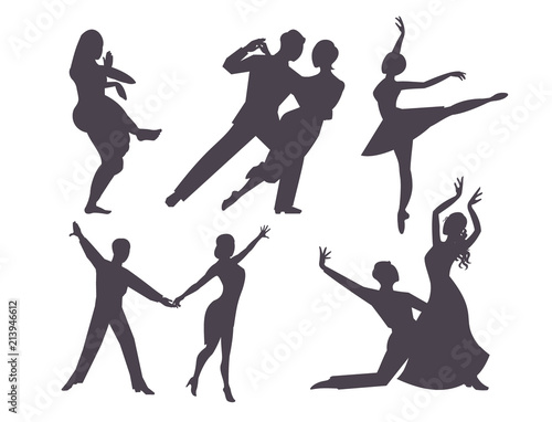 Couples dancing silhouette latin american romantic person and people dance man with woman ballroom entertainment together tango pose beauty vector illustration.