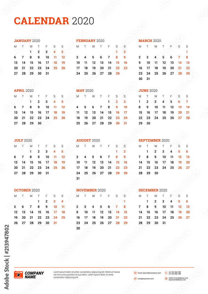 Calendar for 2020 year. Week starts on Monday. Printable vector stationery design template Calendar for 2020 year. Week starts on Monday. Printable vector stationery design template