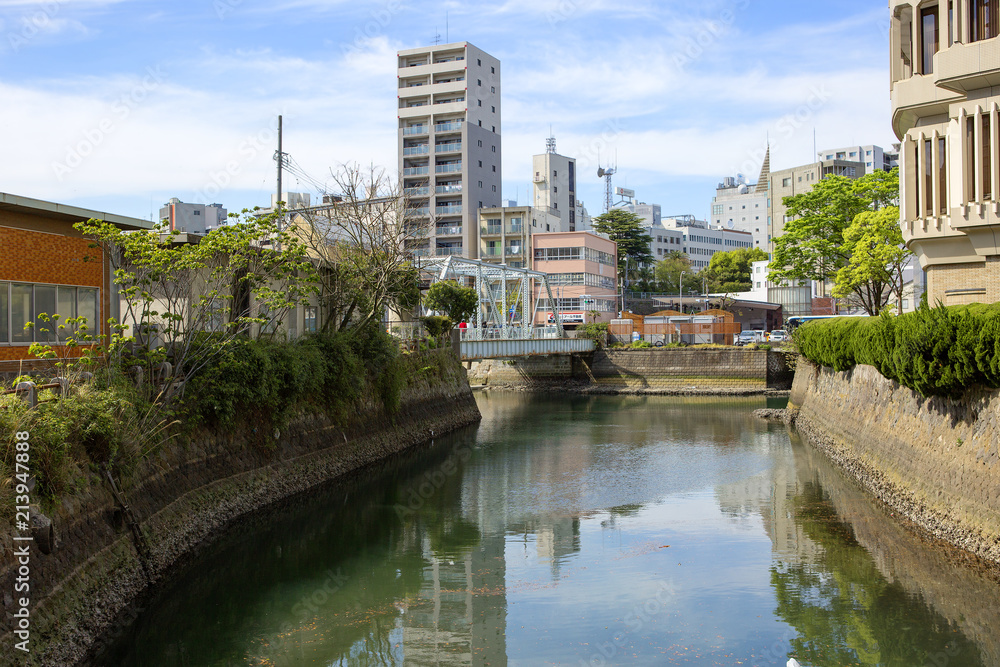 Obraz premium Nagasaki, Japan, cityscape. Nagasaki is the Central city in Japan, located in the West of the island of Kyushu near the Gulf of Nagasaki.