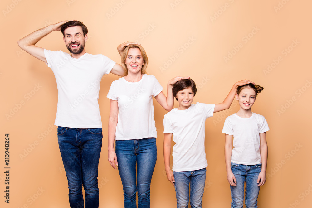 Obraz premium Portrait of young beautiful family, bearded father, blonde mother and their little children wearing jeans and white T-shirts, standing in order of hierarchy, placing hands of heads of each other