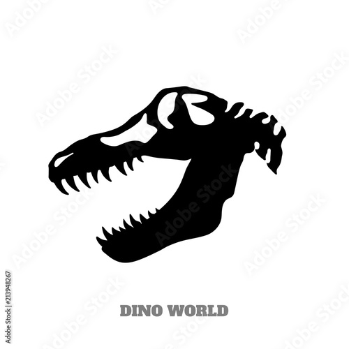Black silhouette of dinosaur skull on white background. Isolated image of jurassic monster. Dino icon. Vector illustration