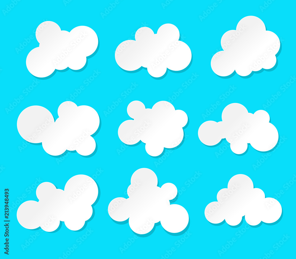 Set of cartoon clouds isolated on a blue background. paper art vector illustration. Set of cartoon clouds isolated on a blue background. paper art vector illustration.