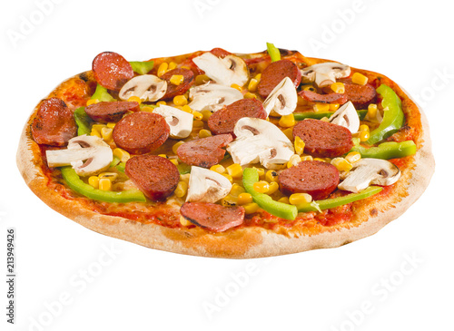 Pizza with salami and vegetables