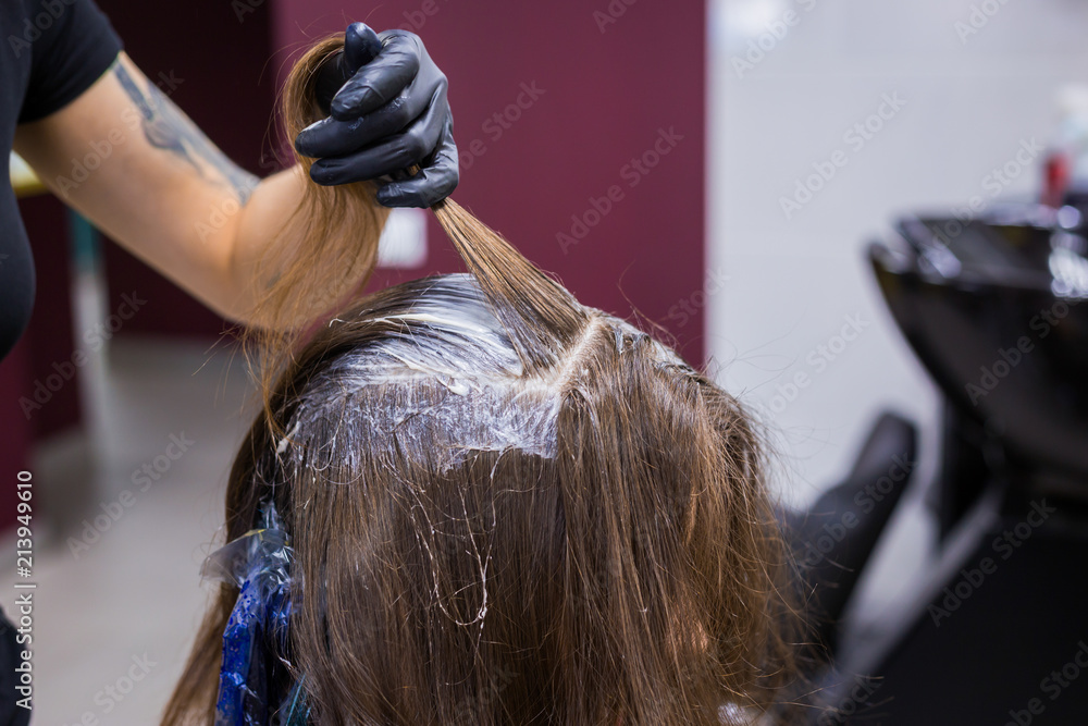 Fototapeta premium Professional hairdresser, stylist coloring hair of woman client at salon, studio. Beauty and fashion concept