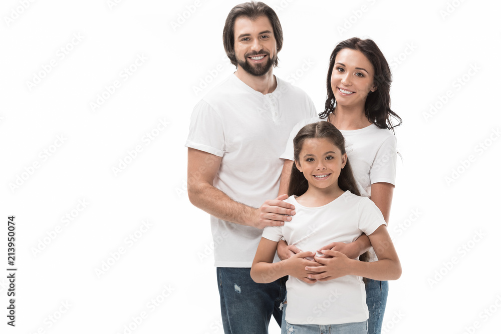 portrait of happy family in white shirts and jeans isolated on white portrait of happy family in white shirts and jeans isolated on white