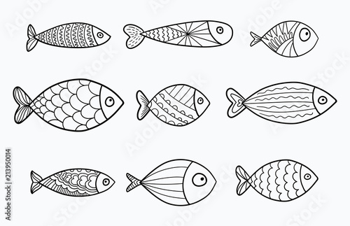 Set of vector stylized fishes. Collection of aquarium fish. Linear Art. Illustration for children.