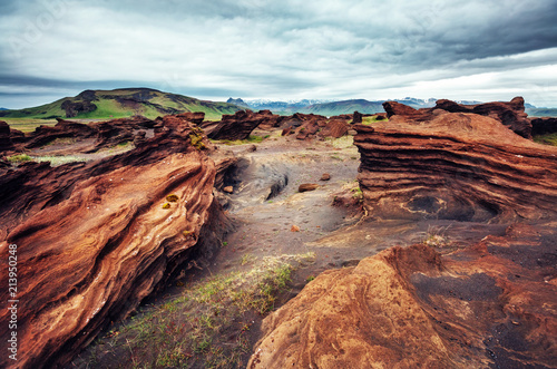 Sandy rocks formed by winds. Location Sudurland, cape Dyrholaey, Iceland, Europe.