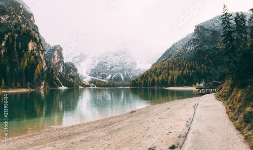 Great alpine lake Braies. Location place Dolomiti  national park Fanes-Sennes-Braies  Italy.