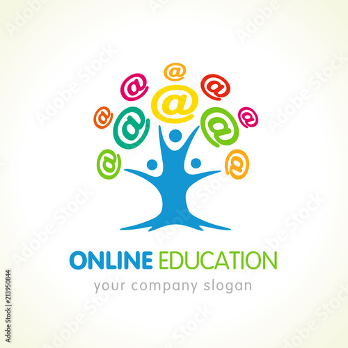 Online education logo, people tree and colored internet sign. Communication emblem, university or school learning vector template. Family tree, human tree icon