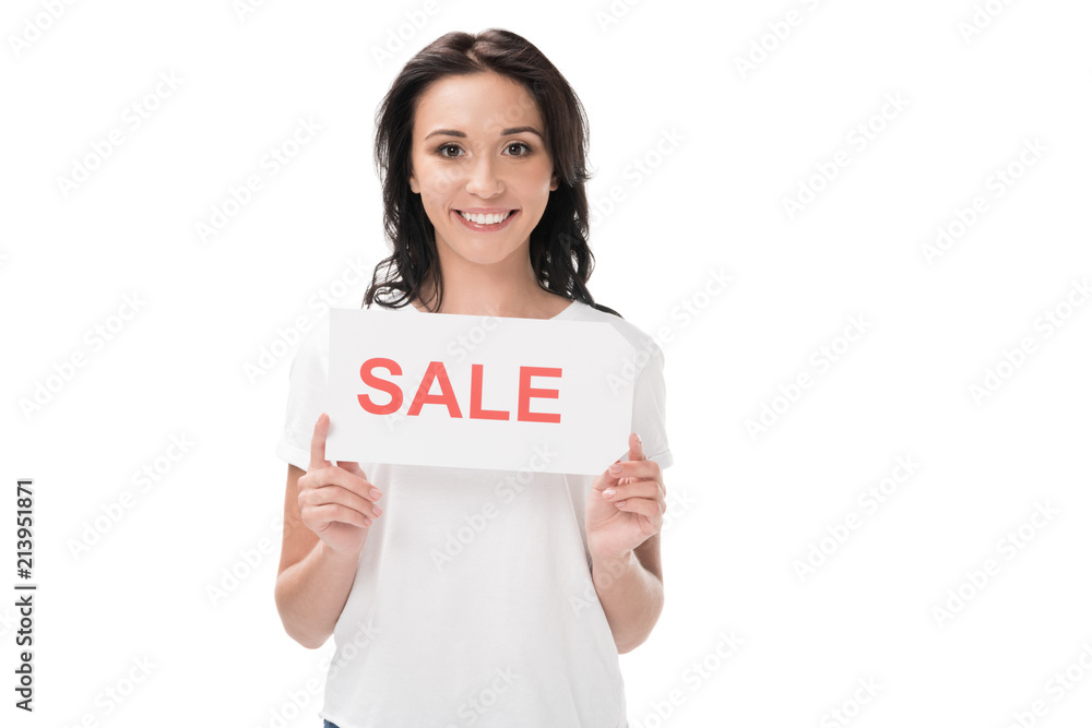 portrait of smiling woman showing sale card isolated on white portrait of smiling woman showing sale card isolated on white