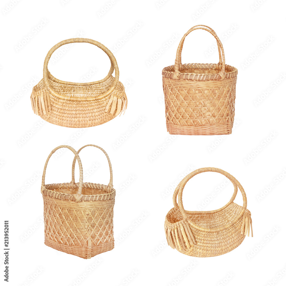 bamboo basket and dry Water hyacinth basket  Market Shopping isolated on white