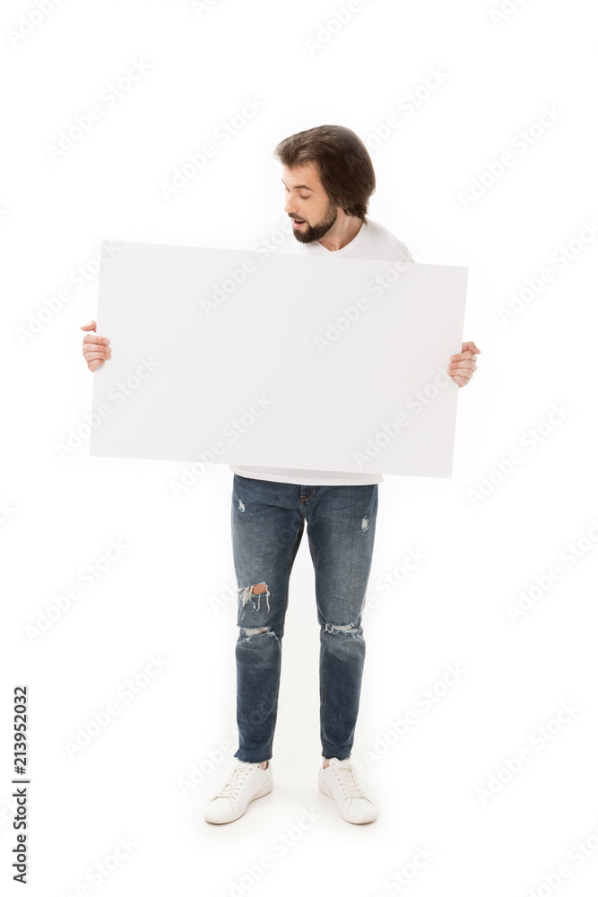 bearded man looking at blank banner in hands isolated on white bearded man looking at blank banner in hands isolated on white