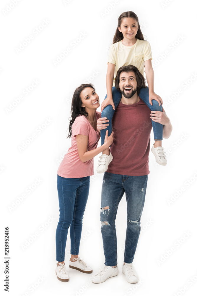 happy family with daughter looking at camera isolated on white happy family with daughter looking at camera isolated on white