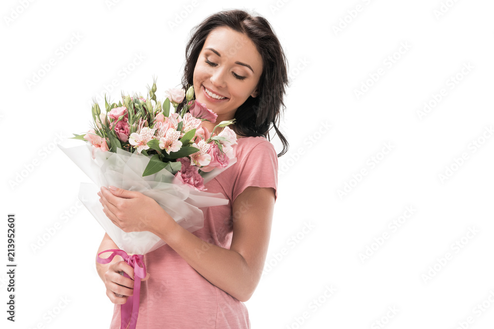 portrait of smiling woman with bouquet of flowers isolated on white